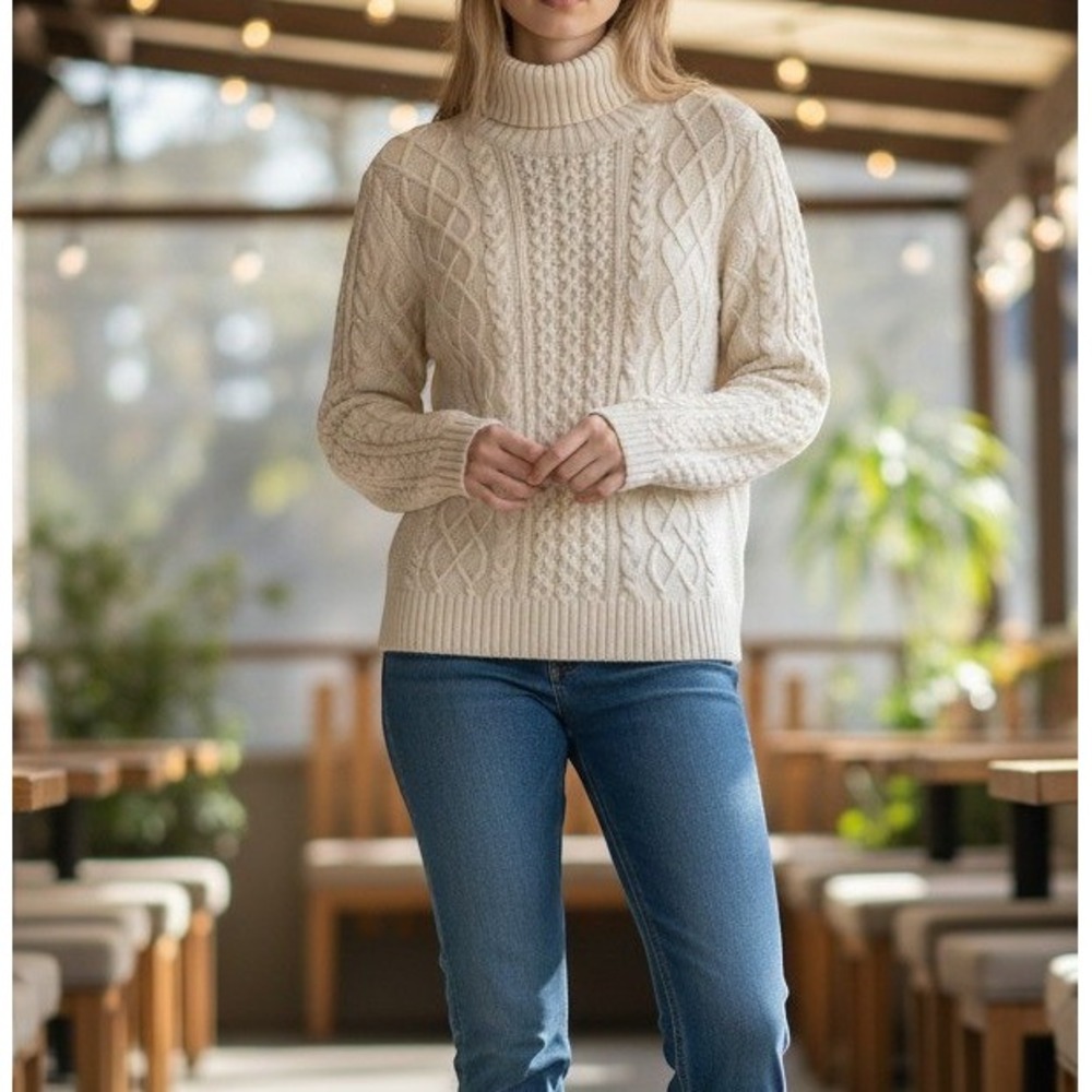 Lands End Womens Cream Cable Knit Turtleneck Sweater Ivory Size L Ski Cottage